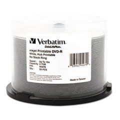 Inkjet Printable DVD-R Discs, 4.7GB, 16x, Spindle, White, 50/Pack