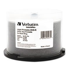 Inkjet Printable DVD-R Discs, 4.7GB, 16x, Spindle, White, 50/Pack