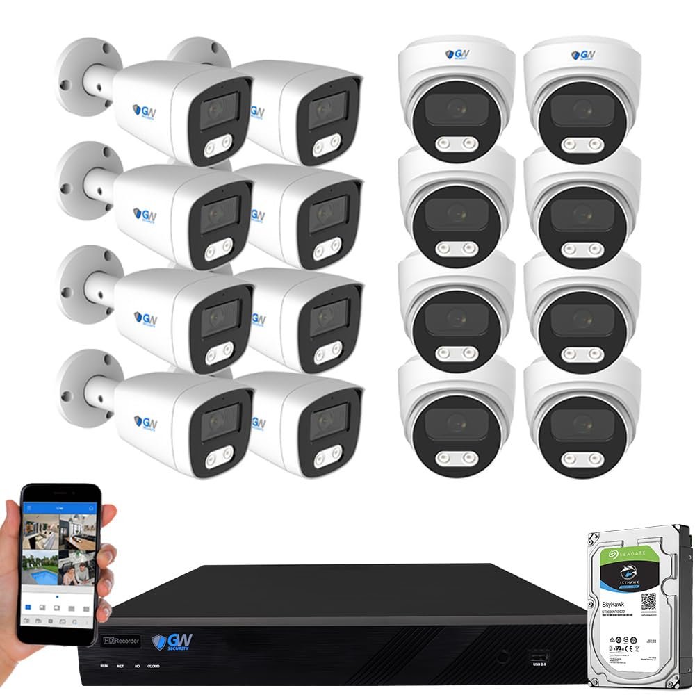 GW Security 16 Channel 12MP 4K NVR with 16 x 5MP AI PoE Microphone Weatherproof Security Camera System for Home and Business, Smart Human Detection, 24/7 Day & Night Recording with 4TB Hard Drive