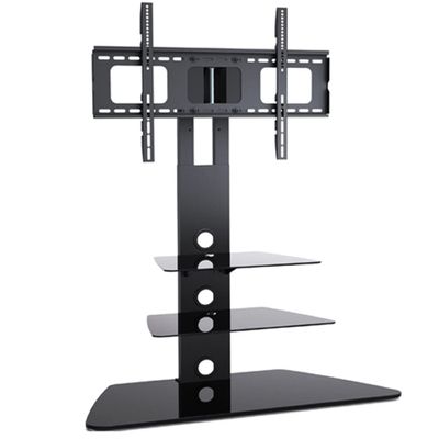 2xhome - TV Stand - Universal Modern TV Stand with Integrated Swivel 35 Degree Monitor Plasma Three 3 Display Black Glass Shelf Surfaces Mount Bracket 38 40 43 45 47 50 55 60 65