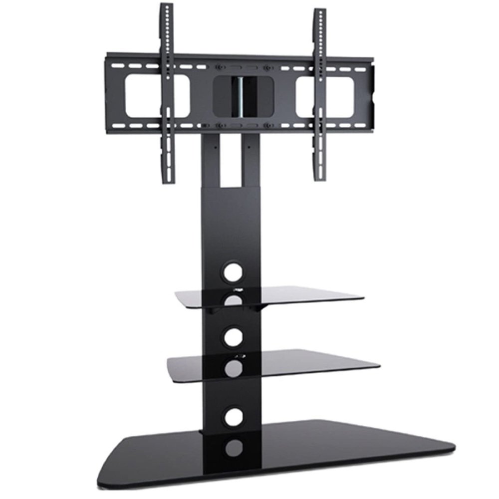 2xhome - TV Stand - Universal Modern TV Stand with Integrated Swivel 35 Degree Monitor Plasma Three 3 Display Black Glass Shelf Surfaces Mount Bracket 38 40 43 45 47 50 55 60 65