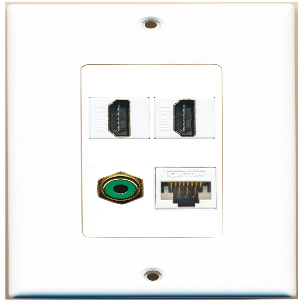 RiteAV 2 Port HDMI 1 Port RCA Green 1 Port Cat5e Ethernet White Wall Plate Oversized Jumbo MIDI