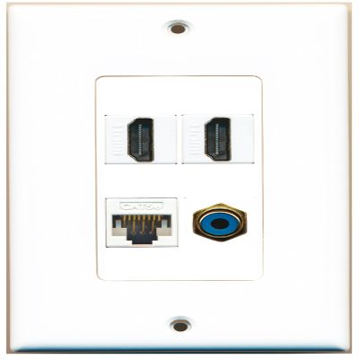 RiteAV 2 Port HDMI 1 Port RCA Blue 1 Port Cat5e Ethernet White Wall Plate Oversized Jumbo MIDI