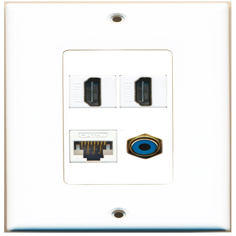 RiteAV 2 Port HDMI 1 Port RCA Blue 1 Port Cat5e Ethernet White Wall Plate Oversized Jumbo MIDI