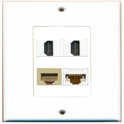 RiteAV 2 Port HDMI 1 Port Phone RJ11 RJ12 Beige 1 Port Cat6 Ethernet White Wall Plate Oversized Jumbo MIDI