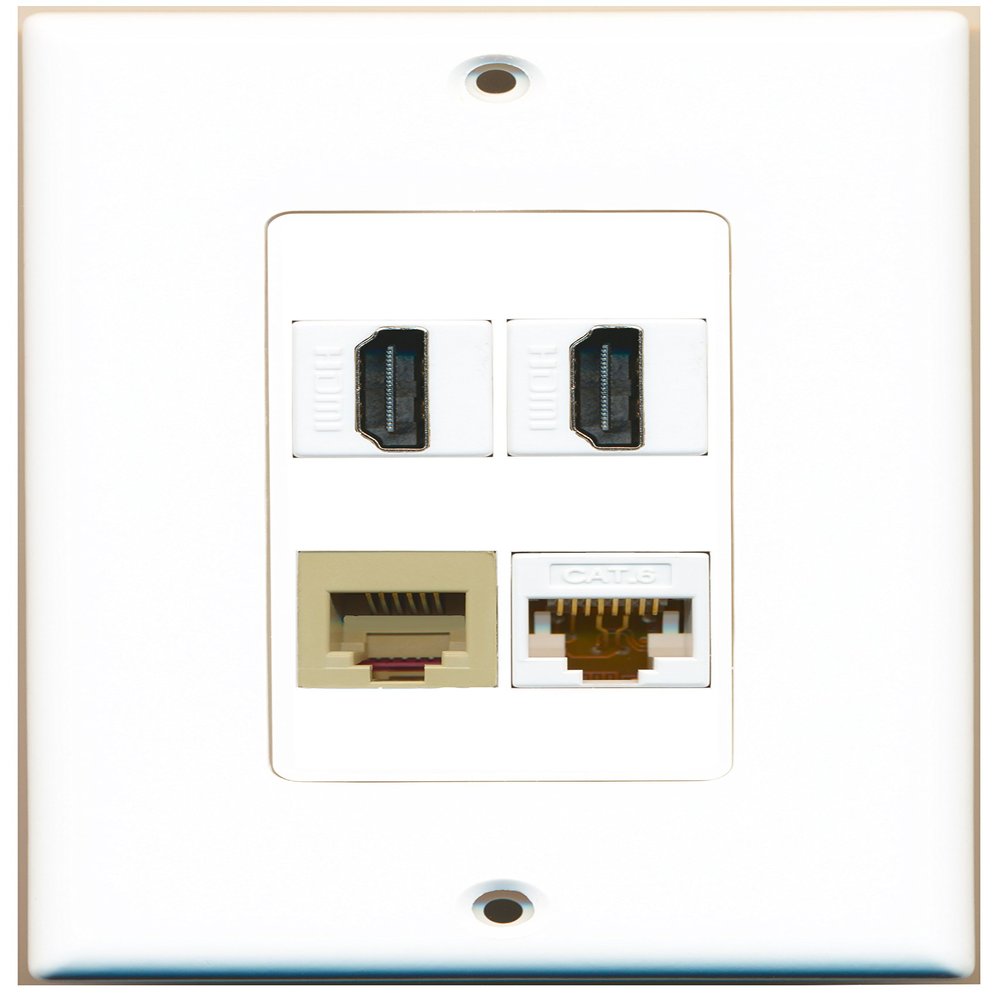 RiteAV 2 Port HDMI 1 Port Phone RJ11 RJ12 Beige 1 Port Cat6 Ethernet White Wall Plate Oversized Jumbo MIDI