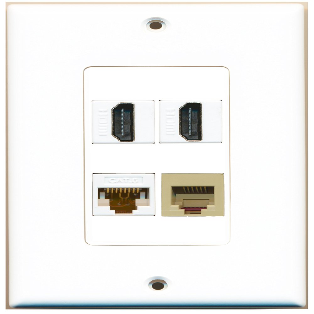 RiteAV 2 Port HDMI 1 Port Phone RJ11 RJ12 Beige 1 Port Cat6 Ethernet White Wall Plate Oversized Jumbo MIDI