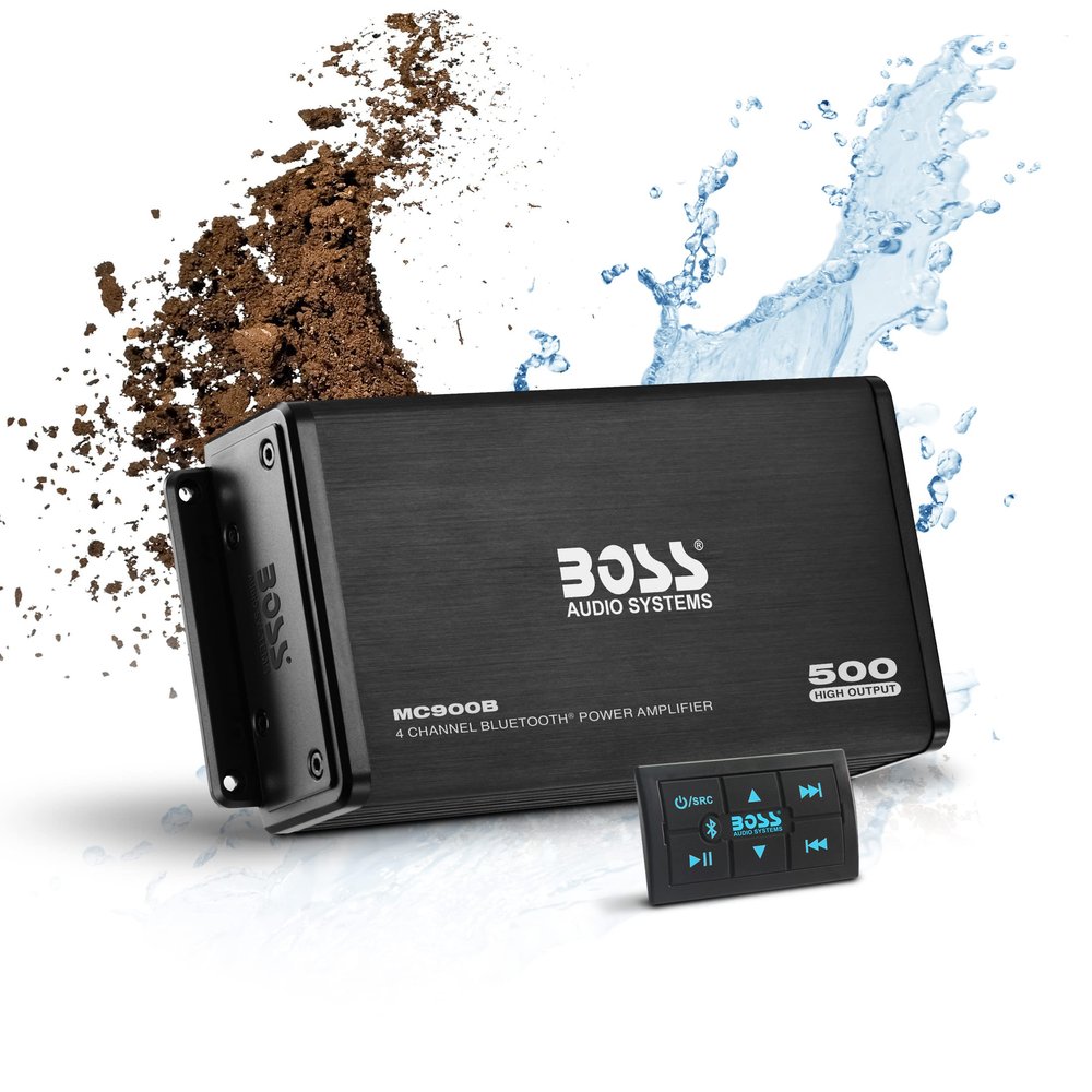 BOSS Audio Systems MC900B 4 Channel Amplifier for ATV UTV Car Marine - 500 High Output, Low Level Inputs, Full Range, Weatherproof, Bass for Subwoofer