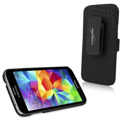 BoxWave Holster Compatible with Galaxy S5 - Dual+ Holster Case, Shell Cover and Belt Clip Holster with Kickstand - Jet Black