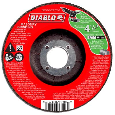 Diablo Type 27 Masonry Grinding Disc - Superior Performance - 4-1/2" Diameter, 7/8" Arbor, 27 Hub Type, 1/4" Thickness, 13250 Max RPM - DBD045250701C