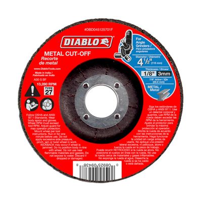 Diablo Type 27 Metal Cut-Off Disc - Superior Performance - 4-1/2" Diameter, 7/8" Arbor, 27 Hub Type, 1/8" Thickness, 13280 Max RPM - DBD045125701F
