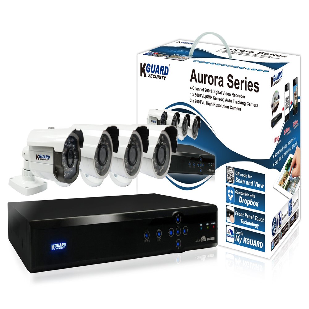KGUARD SecurityInc. AR421-CKT001-500GB Aurora Series Home Security System 4 Channel QR Cloud 960H DVR with 1x 800TVL Auto Tracking 3x 700TVL Cameras 500G HDD (Black)
