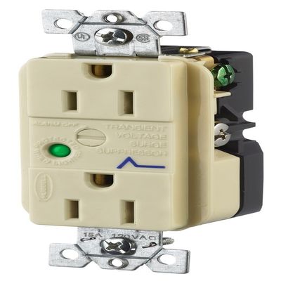 Hubbell HBL5262ISA Spike Shield Circuit Guard Specification Grade Surge Suppression Duplex Receptacle with Light and Alarm, 125V AC, 60Hz, 15A, 2 Pole, 3 Wire, Ivory