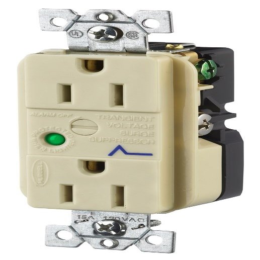 Hubbell HBL5262ISA Spike Shield Circuit Guard Specification Grade Surge Suppression Duplex Receptacle with Light and Alarm, 125V AC, 60Hz, 15A, 2 Pole, 3 Wire, Ivory
