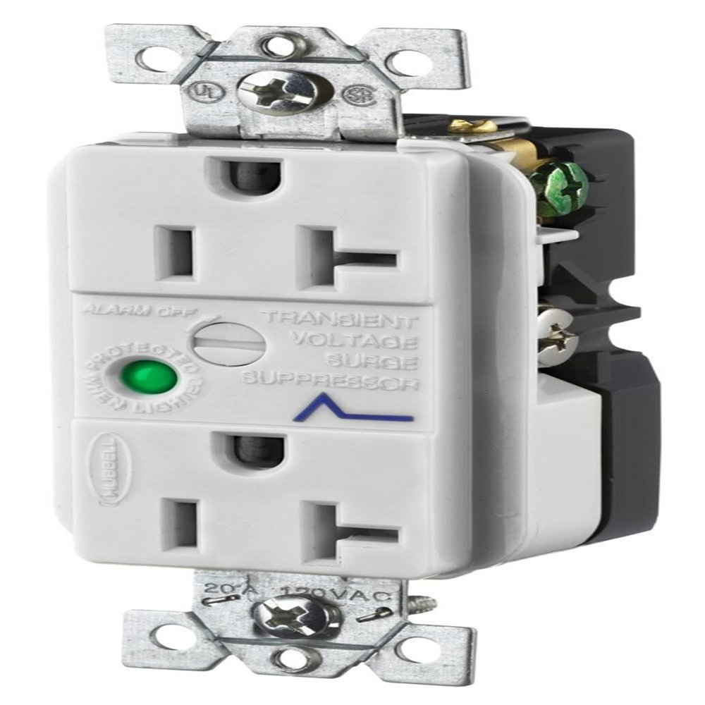 Hubbell HBL5362OWSA Spike Shield Circuit Guard Specification Grade Surge Suppression Duplex Receptacle with Light and Alarm, 125V AC, 60Hz, 20A, 2 Pole, 3 Wire, Office White