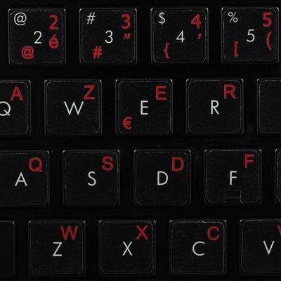 French Belgian Keyboard Decals ON Transparent Background with Blue, Orange, RED, White OR Yellow Lettering (14X14) (Red)