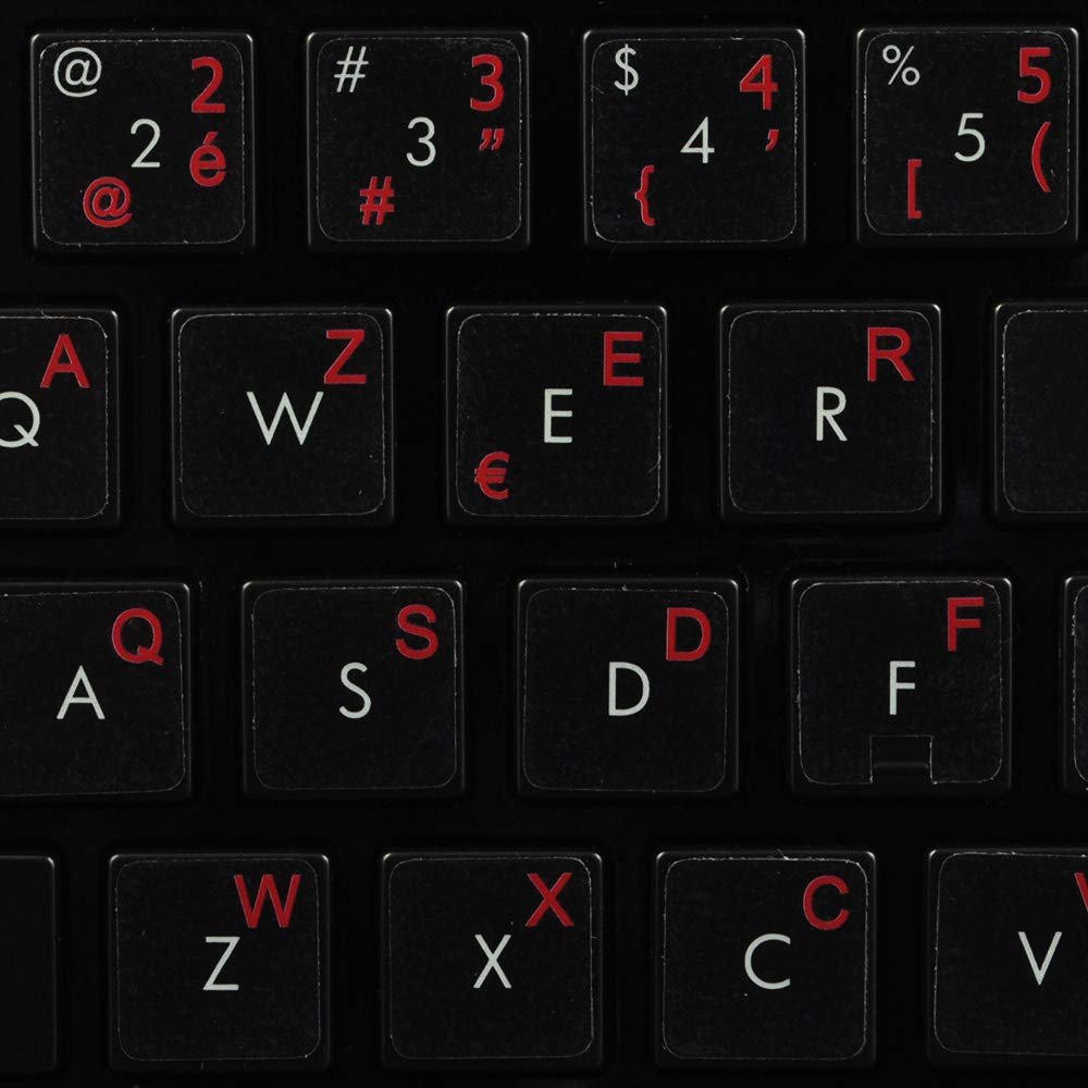 French Belgian Keyboard Decals ON Transparent Background with Blue, Orange, RED, White OR Yellow Lettering (14X14) (Red)
