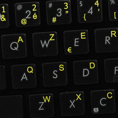 French Belgian Keyboard Decals ON Transparent Background with Blue, Orange, RED, White OR Yellow Lettering (14X14) (Yellow)