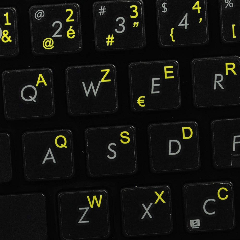 French Belgian Keyboard Decals ON Transparent Background with Blue, Orange, RED, White OR Yellow Lettering (14X14) (Yellow)