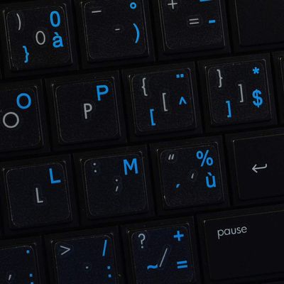French Belgian Keyboard Decals ON Transparent Background with Blue, Orange, RED, White OR Yellow Lettering (14X14) (Blue)