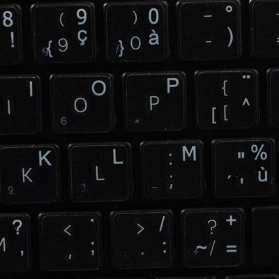 French Belgian Keyboard Decals ON Transparent Background with Blue, Orange, RED, White OR Yellow Lettering (14X14) (White)