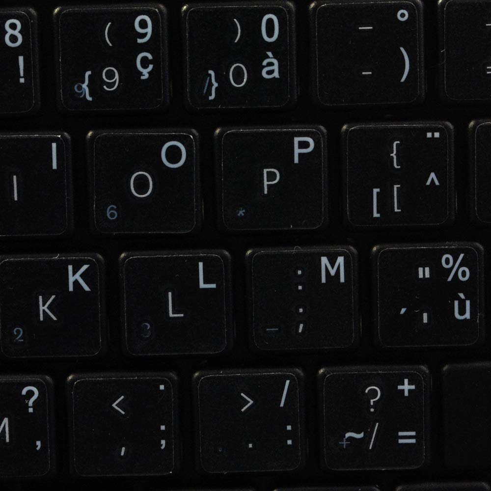 French Belgian Keyboard Decals ON Transparent Background with Blue, Orange, RED, White OR Yellow Lettering (14X14) (White)