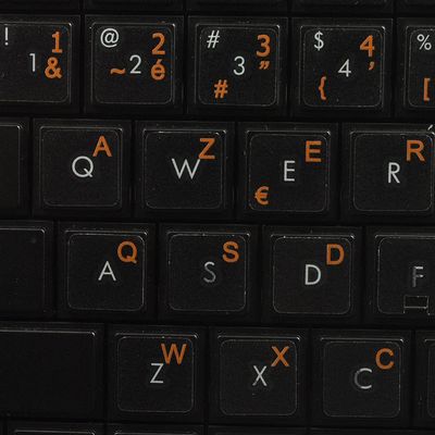 French Belgian Keyboard Decals ON Transparent Background with Blue, Orange, RED, White OR Yellow Lettering (14X14) (Orange)