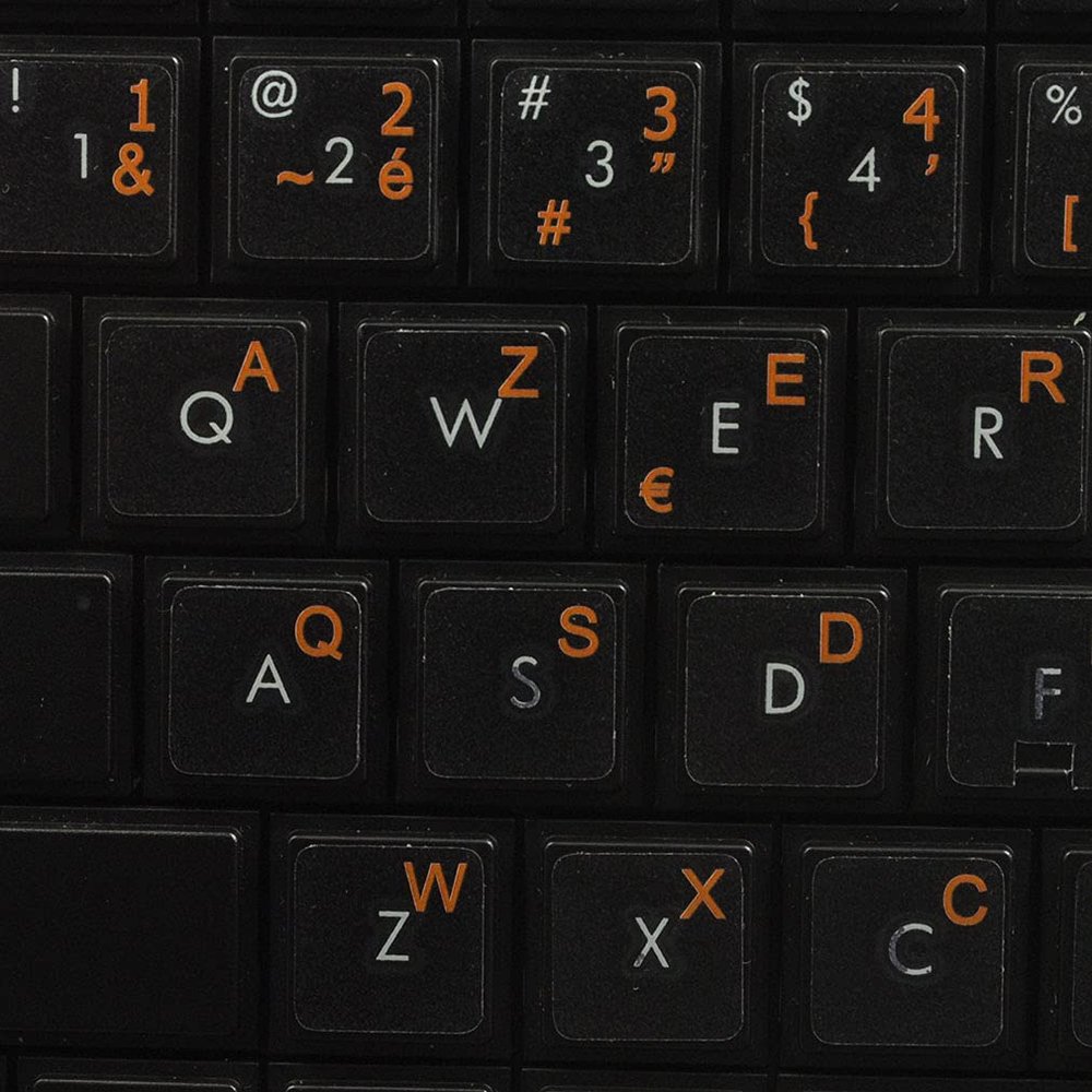 French Belgian Keyboard Decals ON Transparent Background with Blue, Orange, RED, White OR Yellow Lettering (14X14) (Orange)