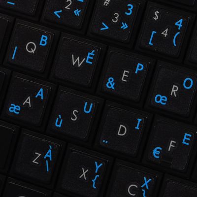 French BPO Keyboard Decals ON Transparent Background with Blue, Orange, RED, White OR Yellow Lettering (14X14) (Blue)