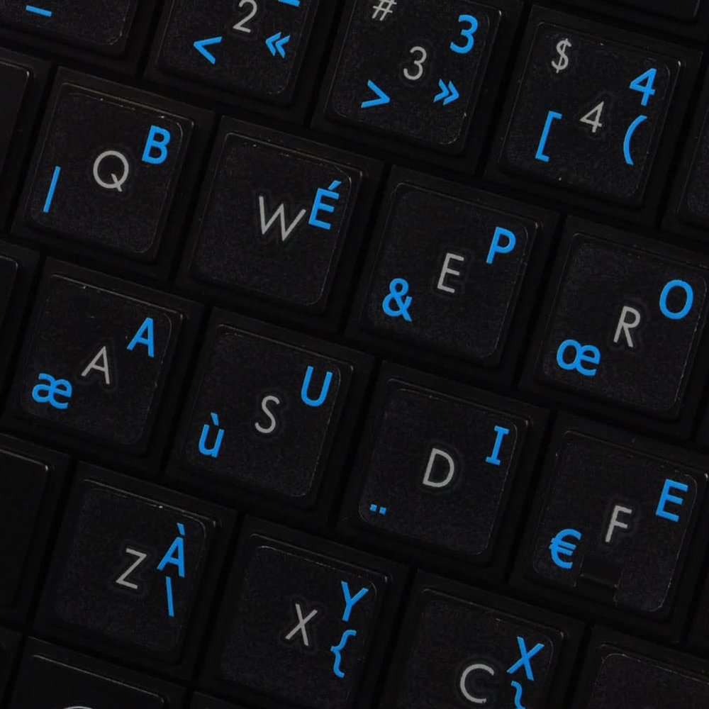 French BPO Keyboard Decals ON Transparent Background with Blue, Orange, RED, White OR Yellow Lettering (14X14) (Blue)