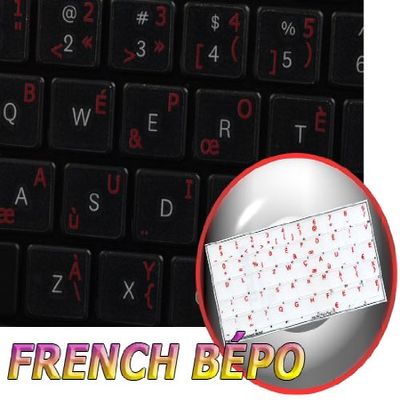 French BPO Keyboard Decals ON Transparent Background with Blue, Orange, RED, White OR Yellow Lettering (14X14) (Red)