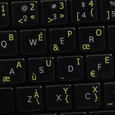French BPO Keyboard Decals ON Transparent Background with Blue, Orange, RED, White OR Yellow Lettering (14X14) (Yellow)
