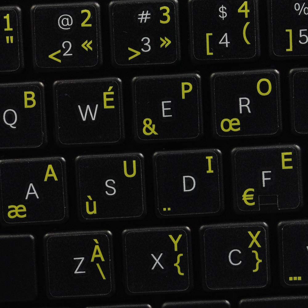 French BPO Keyboard Decals ON Transparent Background with Blue, Orange, RED, White OR Yellow Lettering (14X14) (Yellow)