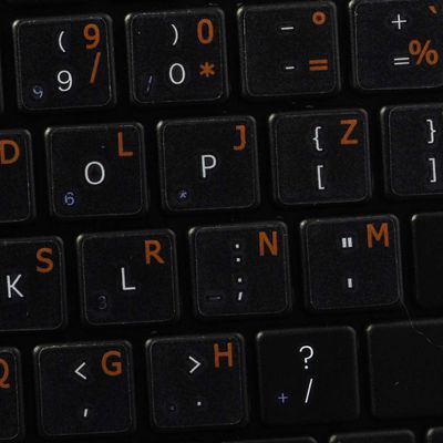 French BPO Keyboard Decals ON Transparent Background with Blue, Orange, RED, White OR Yellow Lettering (14X14) (Orange)