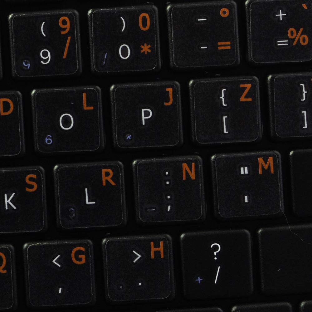 French BPO Keyboard Decals ON Transparent Background with Blue, Orange, RED, White OR Yellow Lettering (14X14) (Orange)