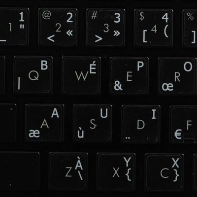 French BPO Keyboard Decals ON Transparent Background with Blue, Orange, RED, White OR Yellow Lettering (14X14) (White)
