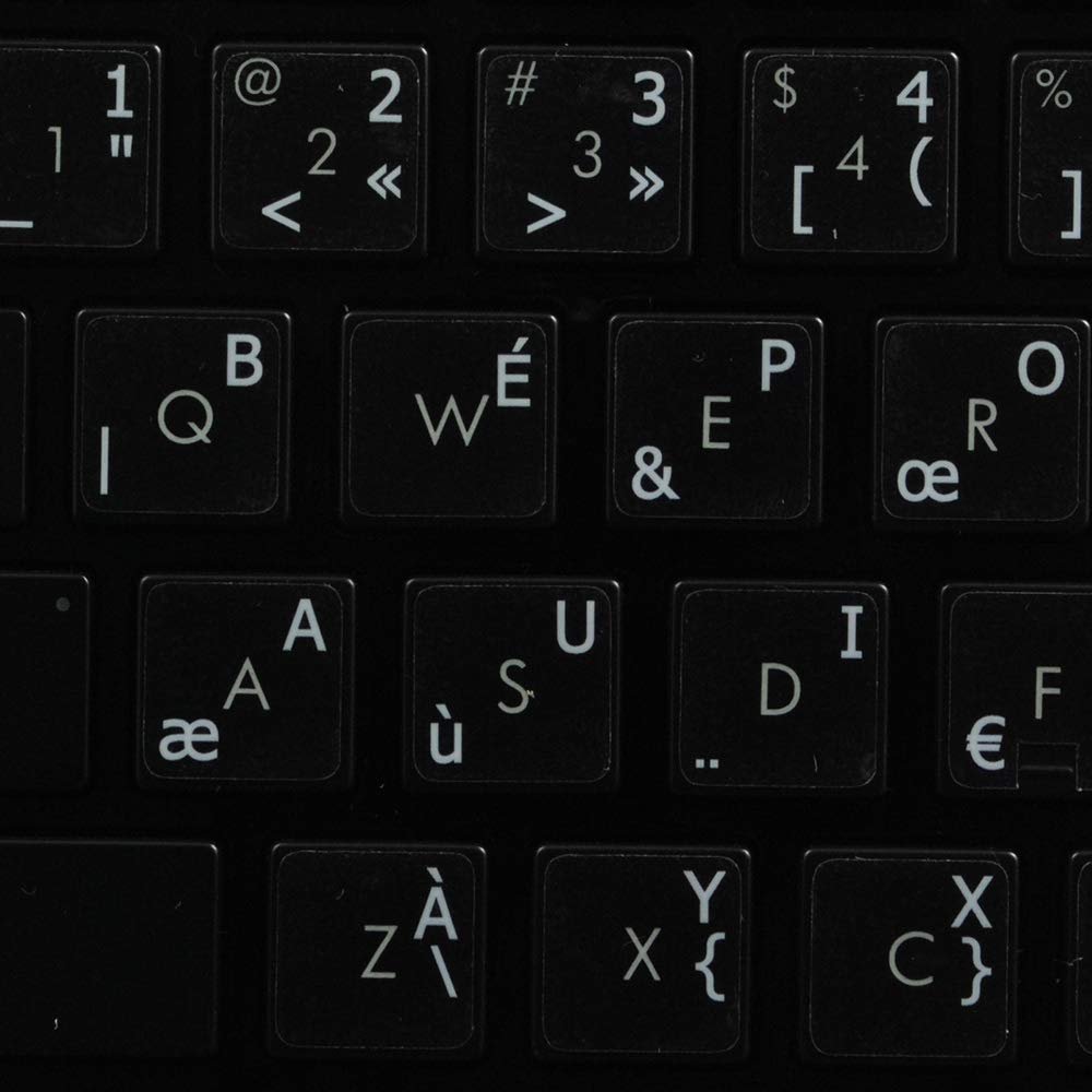 French BPO Keyboard Decals ON Transparent Background with Blue, Orange, RED, White OR Yellow Lettering (14X14) (White)