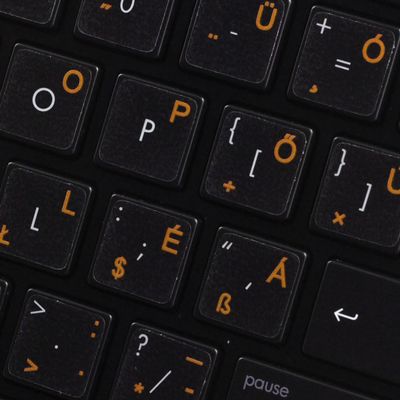 Hungarian Keyboard Decals ON Transparent Background with Blue, Orange, RED, White OR Yellow Lettering (14X14) (Orange)