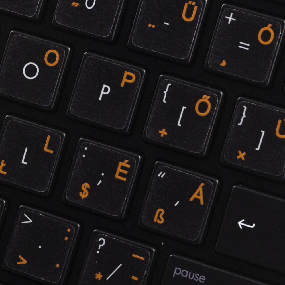 Hungarian Keyboard Decals ON Transparent Background with Blue, Orange, RED, White OR Yellow Lettering (14X14) (Orange)