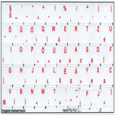 Hungarian Keyboard Decals ON Transparent Background with Blue, Orange, RED, White OR Yellow Lettering (14X14) (Red)