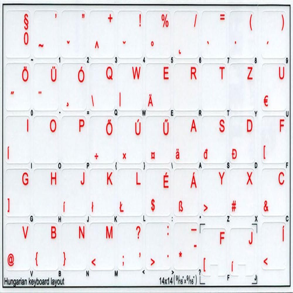Hungarian Keyboard Decals ON Transparent Background with Blue, Orange, RED, White OR Yellow Lettering (14X14) (Red)