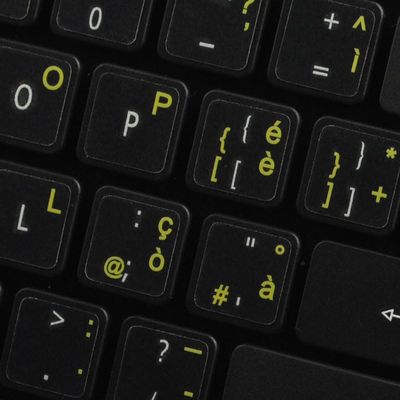 Italian Keyboard Decals ON Transparent Background with Blue, Orange, RED, White OR Yellow Lettering (14X14) (Yellow)