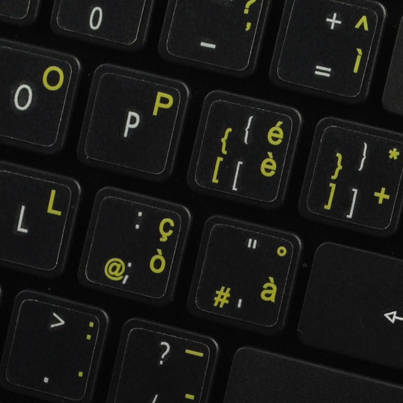 Italian Keyboard Decals ON Transparent Background with Blue, Orange, RED, White OR Yellow Lettering (14X14) (Yellow)
