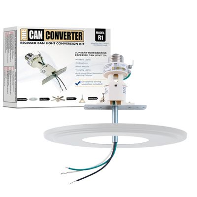 The Can Converter R1 Recessed Can Light Conversion Kit w/ 8" Steel Beveled Ceiling Medallion - Home Improvement for 4", 5" & 6" Cans, Fan & Light Fixture Converter Kit, UL Certified, White