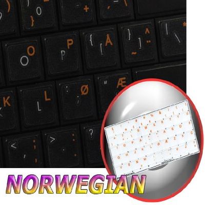 Norwegian Keyboard Decals ON Transparent Background with Blue, Orange, RED, White OR Yellow Lettering (14X14) (Orange)
