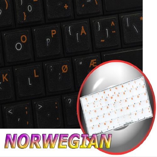 Norwegian Keyboard Decals ON Transparent Background with Blue, Orange, RED, White OR Yellow Lettering (14X14) (Orange)