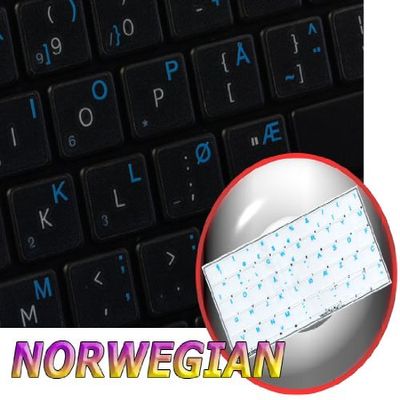 NORWEGIAN KEYBOARD DECALS ON TRANSPARENT BACKGROUND with BLUE, ORANGE, RED, WHITE OR YELLOW LETTERING (14X14) (White)