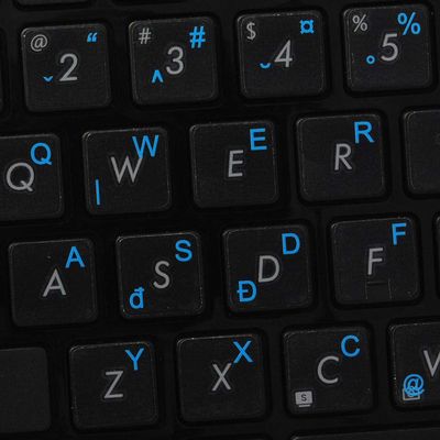 Romanian Keyboard Decals ON Transparent Background with Blue, Orange, RED, White OR Yellow Lettering (14X14) (Orange)
