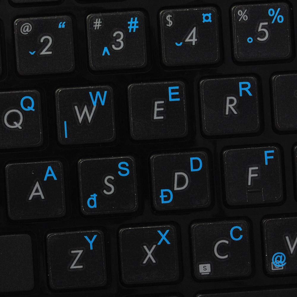 Romanian Keyboard Decals ON Transparent Background with Blue, Orange, RED, White OR Yellow Lettering (14X14) (Orange)
