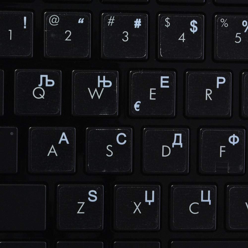 Serbian Keyboard Decals ON Transparent Background with Blue, Orange, RED, White OR Yellow Lettering (14X14) (White)